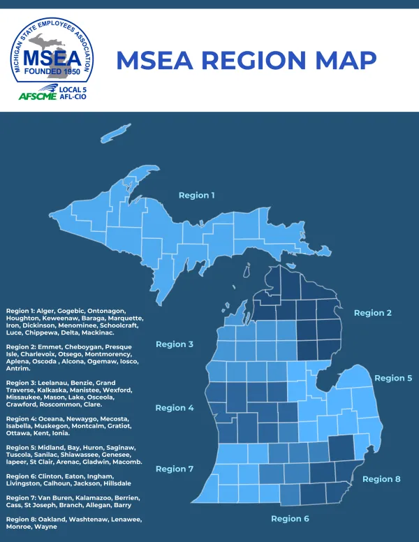 Map of Michigan with MSEA regions